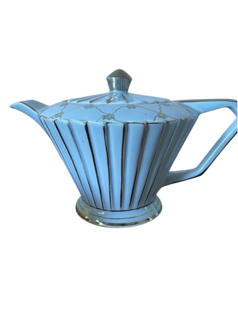 Vintage Sadler England Art Deco Fluted Teapot – Soft Blue & Silver Trim